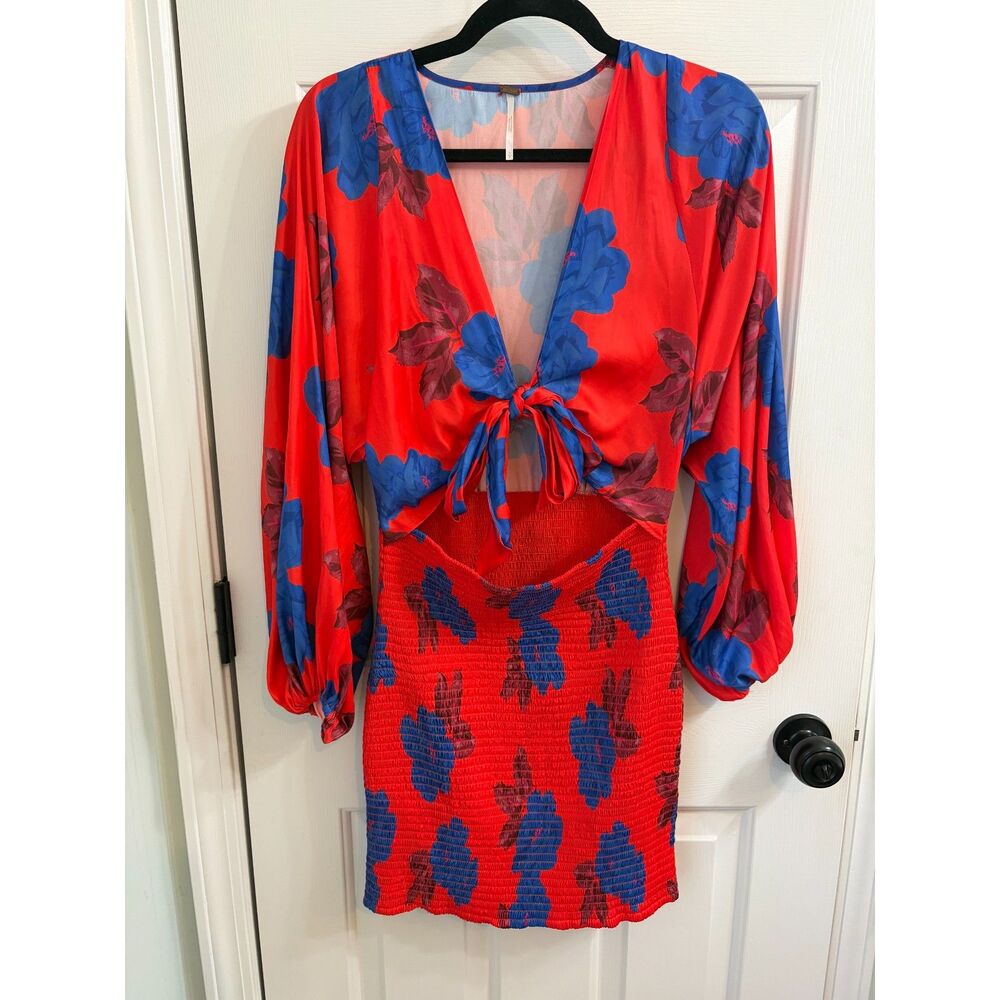 Free People Cassie Mini Dress Floral Smocked Red Blue Size Small
